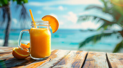 Orange smoothie on wooden with sea background