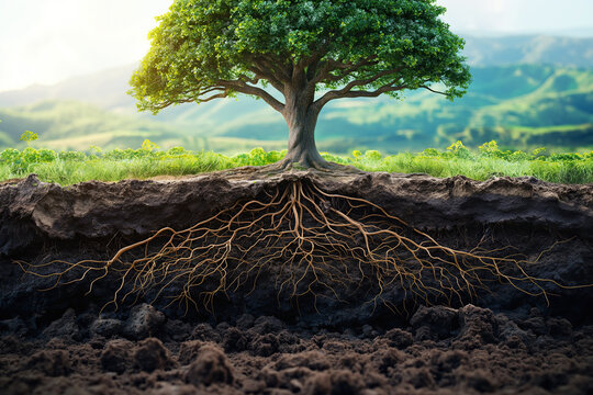 diagram of underground root system of green tree growing in field in summer in the soil section