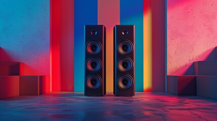 Blue and red sound speakers on a colorful background - obrazy, fototapety, plakaty