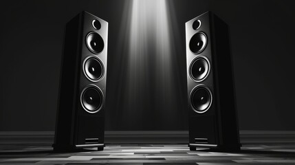 Black sound speakers in dark room with spotlights - obrazy, fototapety, plakaty