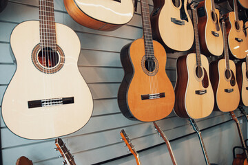 Group of classic musical guitar instruments .  Selective focus