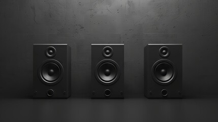 Three black loudspeakers on a dark background