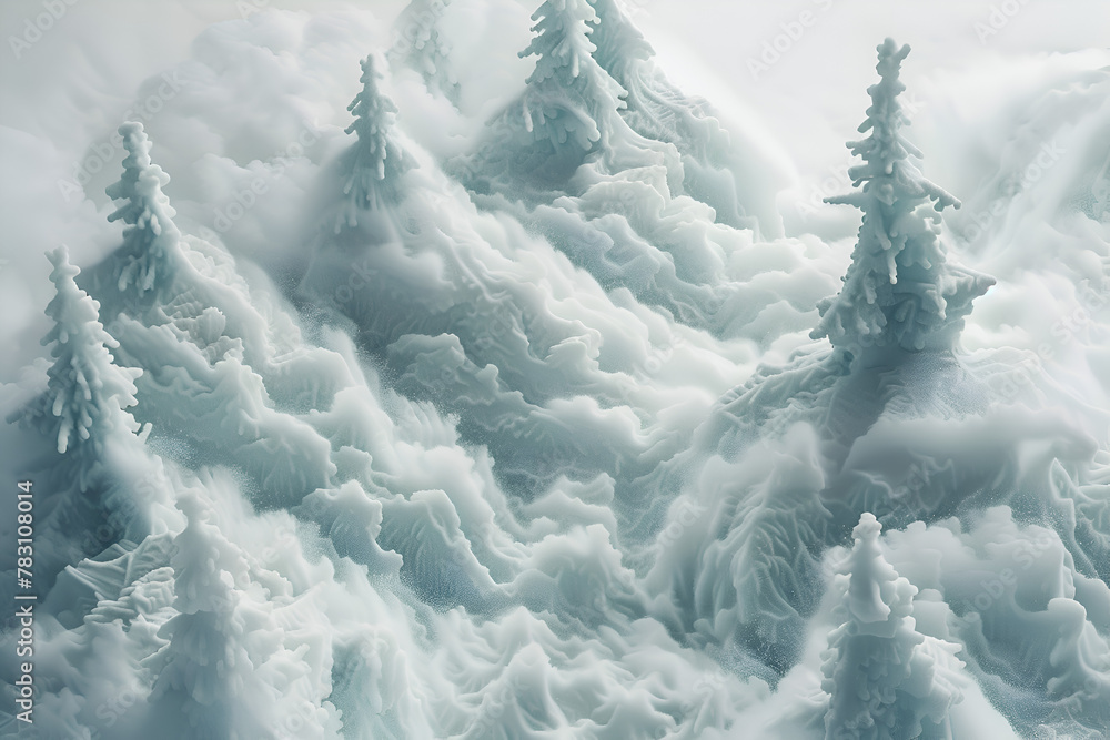 Poster a snow covered mountain with trees in the foreground. generative ai