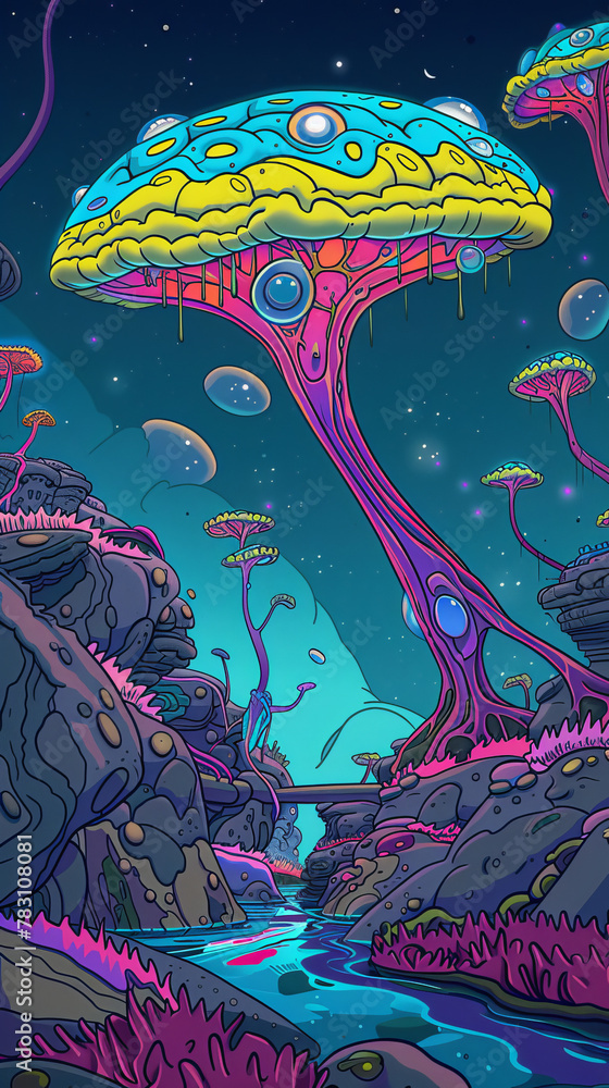 Poster a colorful painting of a forest with a large mushroom tree in the middle
