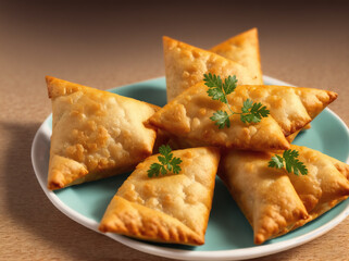 Plate of fried pastry with herbs on it.
