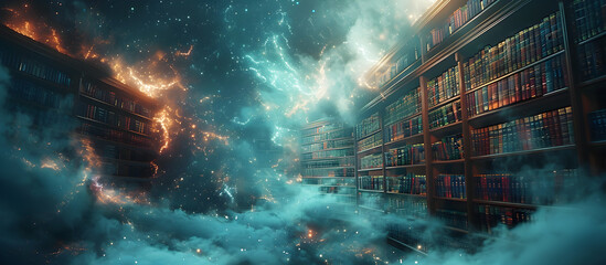 Enchanted Futuristic Library with Levitating Virtual Books in Dreamlike Blue Sci Fi Atmosphere - obrazy, fototapety, plakaty
