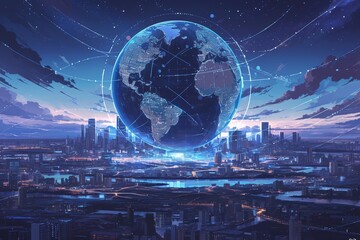 A digital illustration of the Earth with city lights and global network connections, symbolizing interconnectedness in an urban environment.  - obrazy, fototapety, plakaty
