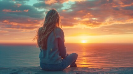 A woman sitting on a rock overlooking the ocean at sunset, AI - Powered by Adobe