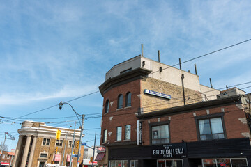 Fototapeta premium general view of Broadview Avenue and Danforth Avenue with The Broadview Diner located at 757 Broadview in Toronto, Canada