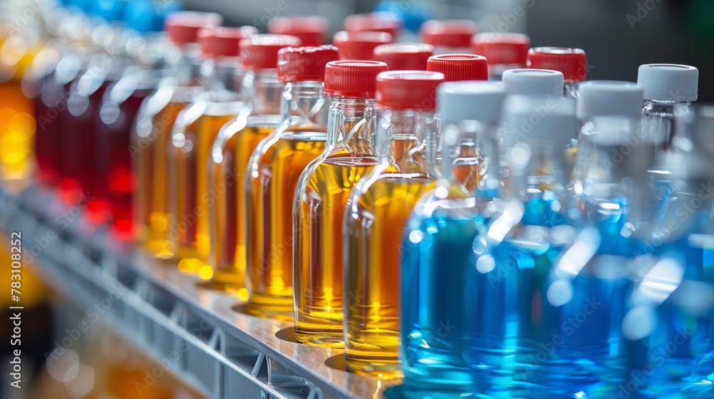 Poster a row of bottles with different colored liquids on a shelf, ai