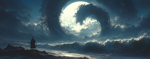 A fantasy landscape of massive waves crashing on the shore, illuminated by moonlight, with swirling mist and mysterious creatures