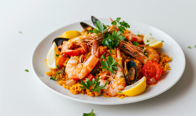 Gourmet Dinner: Spanish Paella with Shrimp and Saffron - obrazy, fototapety, plakaty