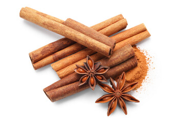 Dry aromatic cinnamon sticks, powder and anise stars isolated on white, top view - obrazy, fototapety, plakaty