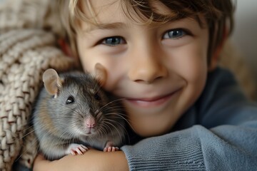 Portrait of a cute boy hugging his pet rat.