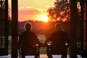 Elderly Couple Holding Hands Watching Sunset from Window - Silhouettes, Peaceful Moment, Warm Orange Glow, Breathtaking Natural Scenery