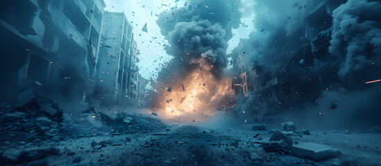 Explosive Digital Distortion in Blurred Post Apocalyptic Urban Ruins and Debris