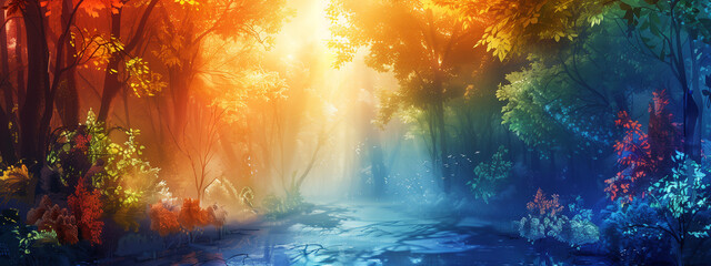 the forest in the red, yellow, blue rays of the morning sun, the awakening of nature, the change of seasons, copy space, soft focus, background