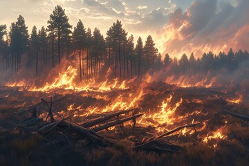 A forest fire is raging in the middle of an endless expanse, with tall trees burning and flames reaching up into the sky.  - obrazy, fototapety, plakaty