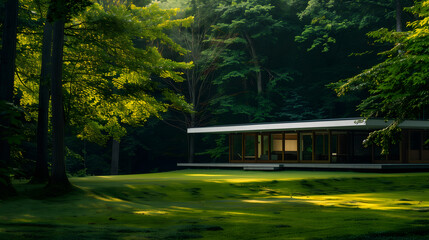 Obraz premium Architectural photography of a modern-style house with a perfect lawn in a beautiful forest on a summer day