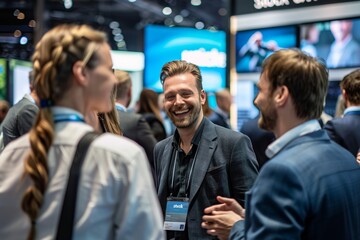 Group of professionals chat and laugh at trade show, with one man in his thirties smiling among colleagues, against backdrop of display lights.