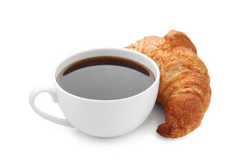 Fresh croissant and coffee isolated on white. Tasty breakfast