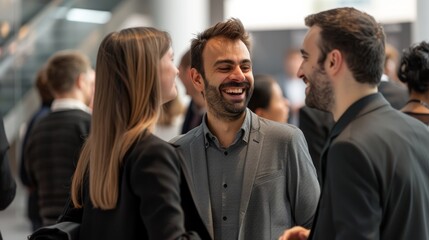 Group of professionals chat and laugh at trade show, with one man in his thirties smiling among colleagues, against backdrop of display lights.