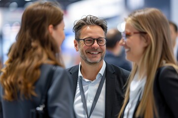 Group of professionals chat and laugh at trade show, with one man in his thirties smiling among colleagues, against backdrop of display lights.