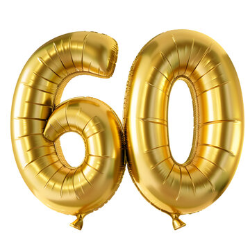 Golden number sixty metallic golden balloon isolated on transparent background