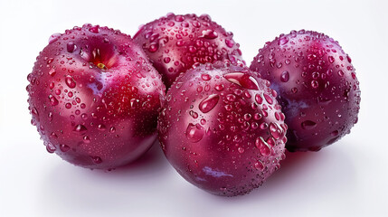 Obraz premium Purple plums with leaf isolated on white background. Clipping path. Red Plum. fresh purple plum and half with leaves isolated on white background with clipping path and copy space for your text. 