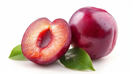 Purple plums with leaf isolated on white background. Clipping path. Red Plum. fresh purple plum and half with leaves isolated on white background with clipping path and copy space for your text. 