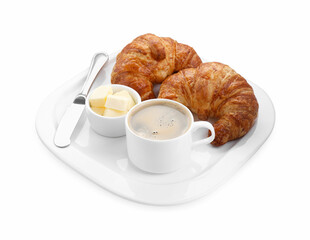 Tasty breakfast. Cup of coffee, butter and fresh croissants isolated on white