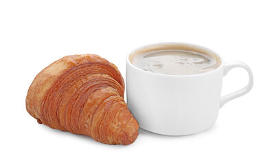 Tasty breakfast. Cup of coffee and fresh croissant isolated on white