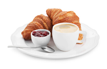 Tasty breakfast. Cup of coffee, jam and fresh croissants isolated on white