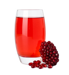 Refreshing pomegranate juice in glass and seeds isolated on white