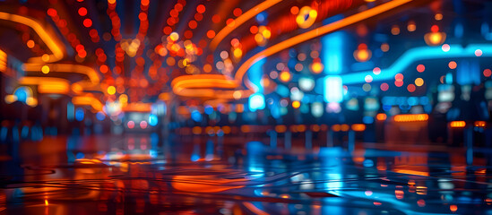 Futuristic Casino with Holographic Patrons Gambling in a Blurry Neon Lit Environment