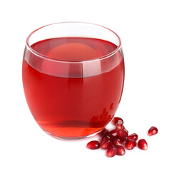 Refreshing pomegranate juice in glass and seeds isolated on white