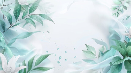 A white background with green leaves and flowers