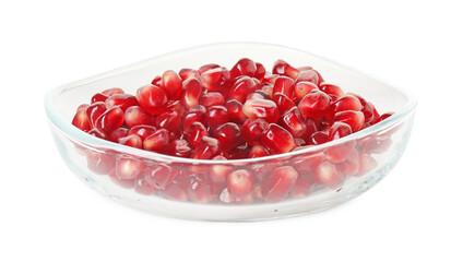 Ripe juicy pomegranate grains in bowl isolated on white