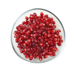 Ripe juicy pomegranate grains in bowl isolated on white, top view