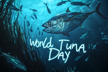 tuna fish in the sea with text World Tuna Day