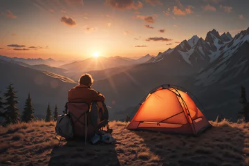 Tuinposter A man camping in the mountains watching the sunset. Generative ai, 생성형, 인공지능. © joo