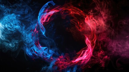 Circle made of red and blue smoke on black background.