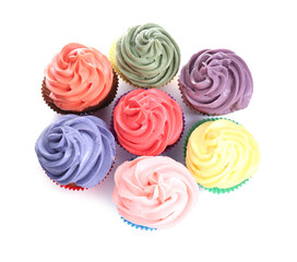 Different tasty cupcakes with cream isolated on white, top view