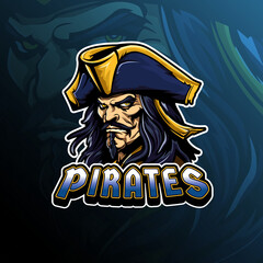 Pirate mascot logo design vector for badge, emblem, esport and t-shirt printing. Editable text