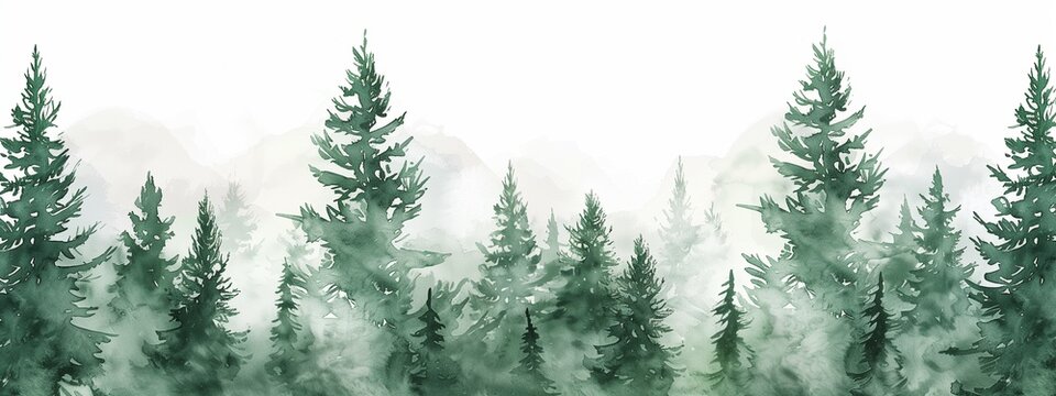 Watercolor banner with forest. Watercolor illustration background with a misty green coniferous forest.