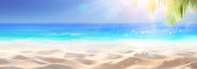 Tropical Sand With Blue Sea And Palm Leaves - Beach Summer Defocused Background With Glittering Of Sunlights - 783109829