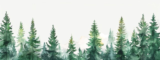 Obraz premium Watercolor banner with forest. Watercolor illustration background with a green coniferous forest.