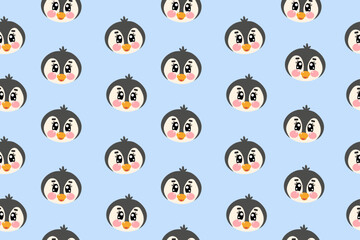 Seamless pattern with vector kawaii cute penguin face, head for kids, baby, children nursery, fabrics on light blue background