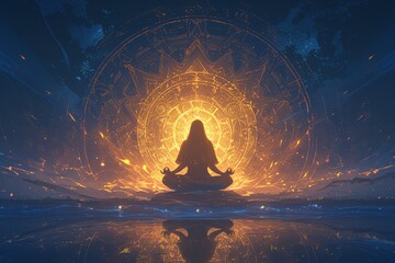A meditating man with glowing aura around his body, symmetrical background, dark blue and orange - obrazy, fototapety, plakaty