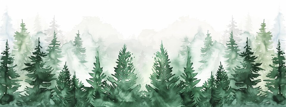 Watercolor banner with forest. Watercolor illustration background with a misty green coniferous forest.